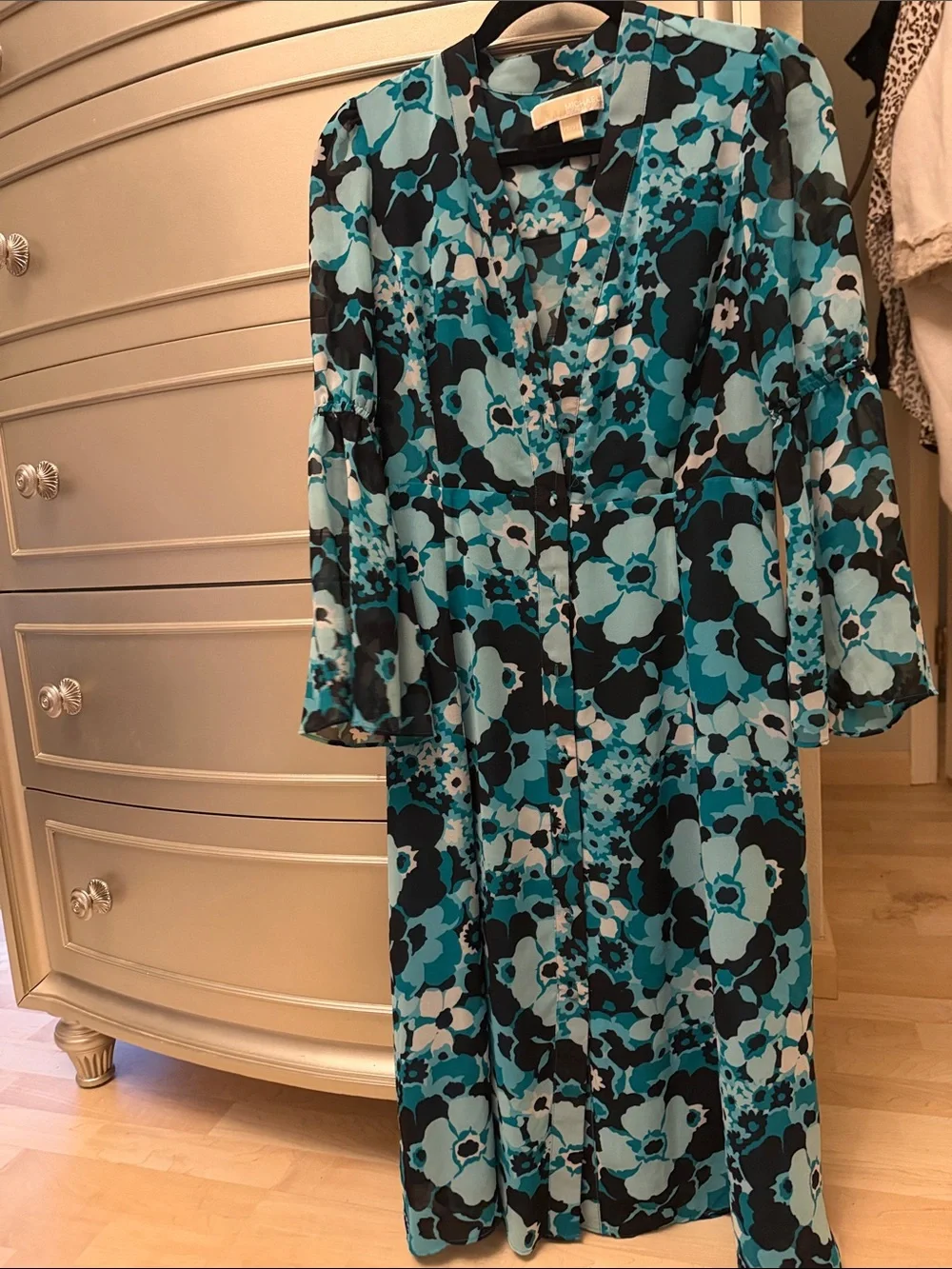 Michael Kors Floral Midi Dress in Teal and Black with belt